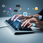 A dynamic image showing hands in motion over a keyboard, with glowing lines connecting the keyboard to application icons. This represents the speed and flow of keyboard-only navigation and controlling a computer without a mouse.