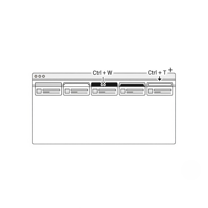 A minimalist diagram showing the keyboard shortcuts for managing browser tabs. Icons for 'new tab' and 'close tab' are displayed above a browser window, illustrating the efficiency of mouseless navigation.