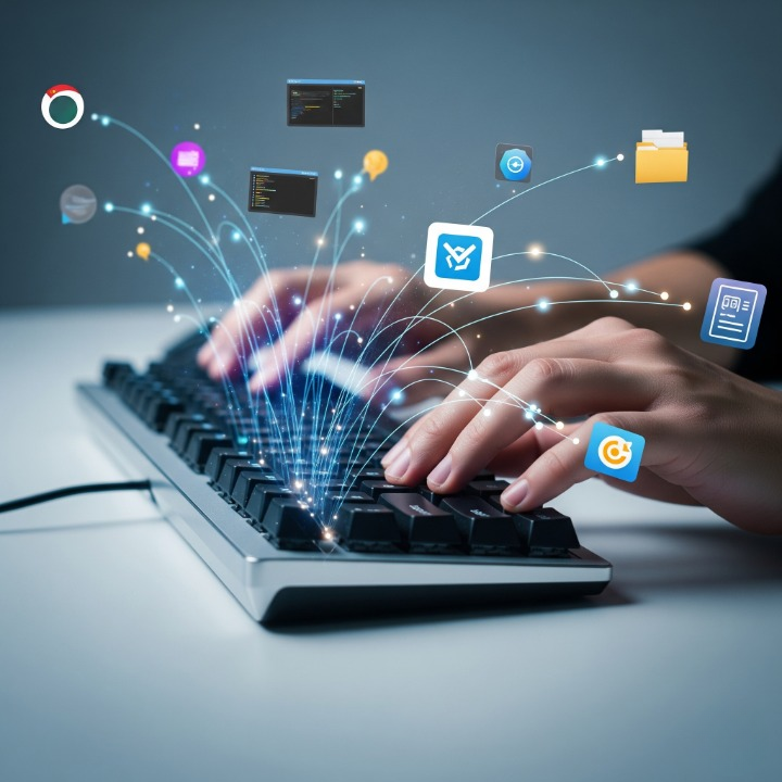 A dynamic image showing hands in motion over a keyboard, with glowing lines connecting the keyboard to application icons. This represents the speed and flow of keyboard-only navigation and controlling a computer without a mouse.