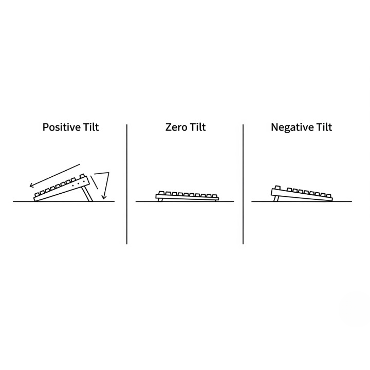 An infographic diagram showing the three keyboard tilt positions: positive tilt with the back raised, zero tilt lying flat, and negative tilt with the front raised.