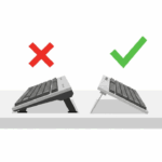 An infographic comparing positive keyboard tilt (marked as incorrect with a red X) versus negative keyboard tilt (marked as correct with a green checkmark) for better wrist ergonomics.