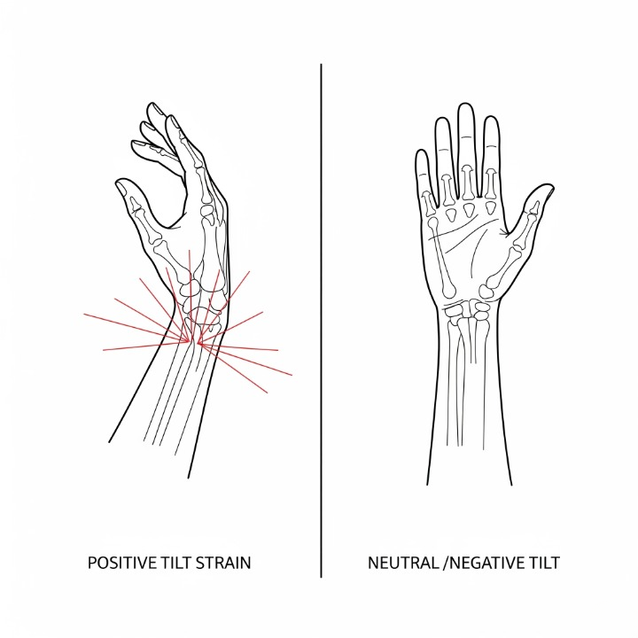 A diagram comparing the effect of keyboard tilt on the wrist. One side shows an extended, strained wrist from positive tilt, while the other shows a straight, neutral wrist from negative tilt.