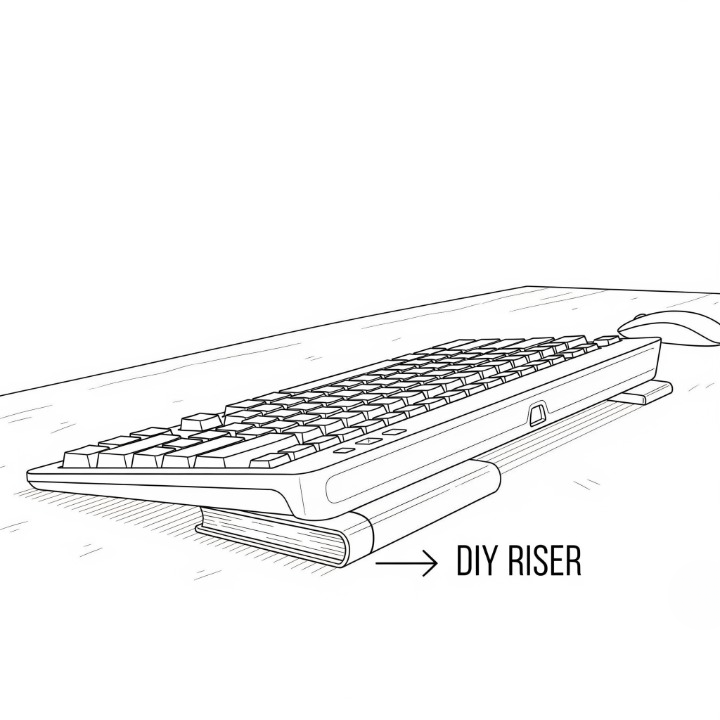 An illustration showing a DIY method for achieving negative keyboard tilt by propping up the front edge of the keyboard with a simple riser or book.
