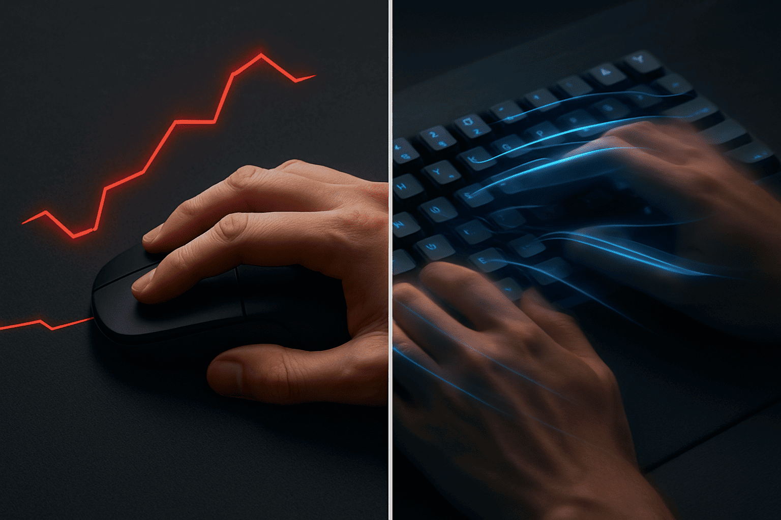 A conceptual image contrasting two work methods. The left side shows a hand on a mouse representing a slow, interrupted workflow, while the right side shows hands flying across a keyboard, symbolizing the speed and fluid productivity achieved by using keyboard shortcuts.