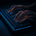 A dynamic image of hands typing at high speed on a glowing keyboard, with vibrant light trails extending from the fingertips to illustrate rapid movement. The image symbolizes mastering keyboard shortcuts for ultimate productivity and workflow efficiency.