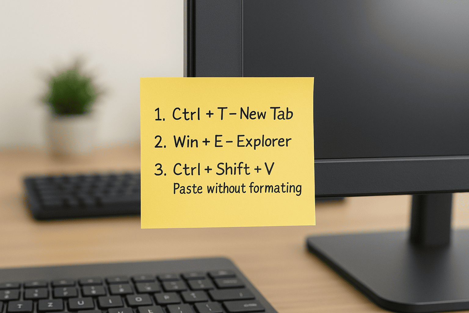 A photo of a yellow sticky note attached to a computer monitor, with three keyboard shortcuts handwritten on it. This image visually represents the 'Rule of Three' learning method, a practical tip for mastering new shortcuts for productivity.