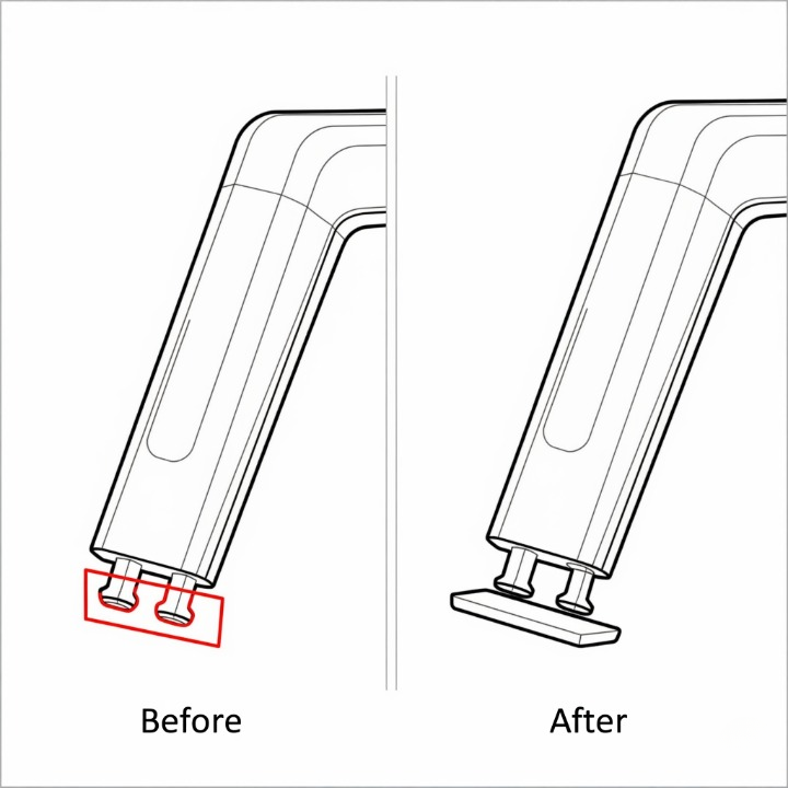 A before-and-after diagram showing how to clip the feet off a stabilizer stem. The 'before' side shows the original feet, and the 'after' side shows the flat, clipped stem.