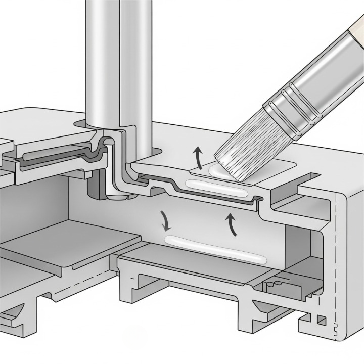 An illustration showing where to apply lubricant inside a stabilizer housing. A small brush is shown applying lube to the inner walls to reduce friction.
