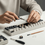 A person's hands are shown carefully replacing a faulty switch on a mechanical keyboard, surrounded by repair tools. This illustrates the concept of DIY keyboard maintenance and troubleshooting.