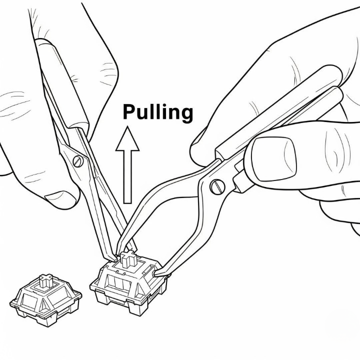 A diagram showing the correct way to use a switch puller to remove a mechanical switch from a hot-swappable keyboard.