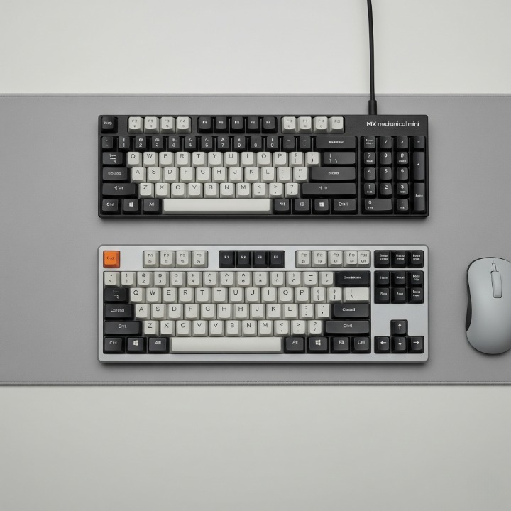 A high-quality studio photo showing the Keychron K3 Pro and Logitech MX Mechanical Mini keyboards side-by-side, highlighting the differences in their design, layout, and color scheme.