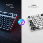 A comparison image showing the Keychron K3 Pro on the left and the Logitech MX Mechanical Mini on the right, separated by a "VS" logo. The image highlights the aesthetic differences between the two low-profile keyboards.