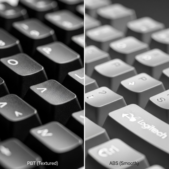 A split macro photograph comparing keycap textures. The left side shows the matte, textured PBT keycap of the Keychron K3 Pro, and the right side shows the smooth ABS keycap of the Logitech MX Mechanical Mini.