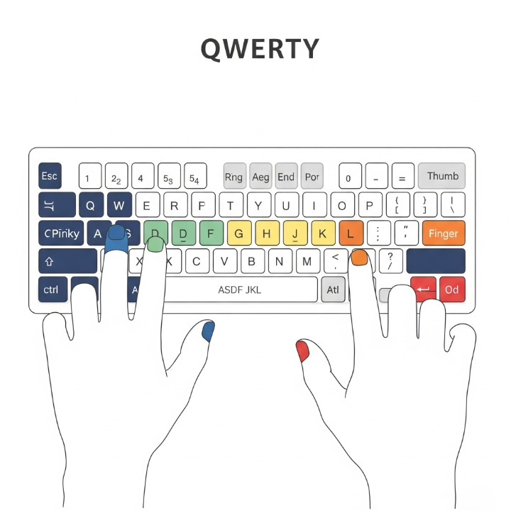 A color-coded keyboard diagram showing the proper finger mapping for touch typing, with each finger assigned to a specific zone of keys originating from the home row.