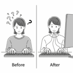 A conceptual image comparing "hunt and peck" typing with proper touch typing. The image illustrates the transition from a chaotic typing style to a calm and efficient one.