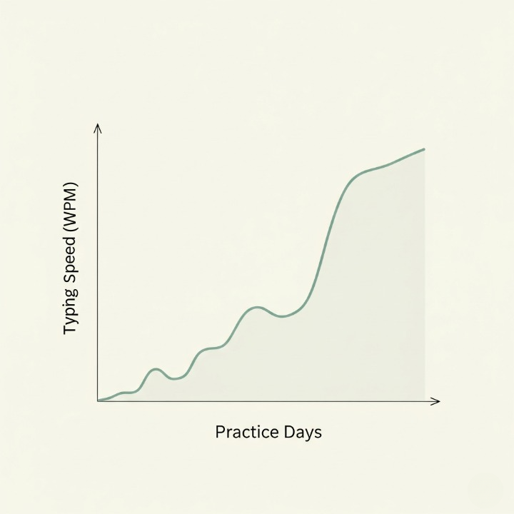 A line graph illustrating progress in touch typing, showing that with consistent daily practice, typing speed and consistency steadily increase over time.