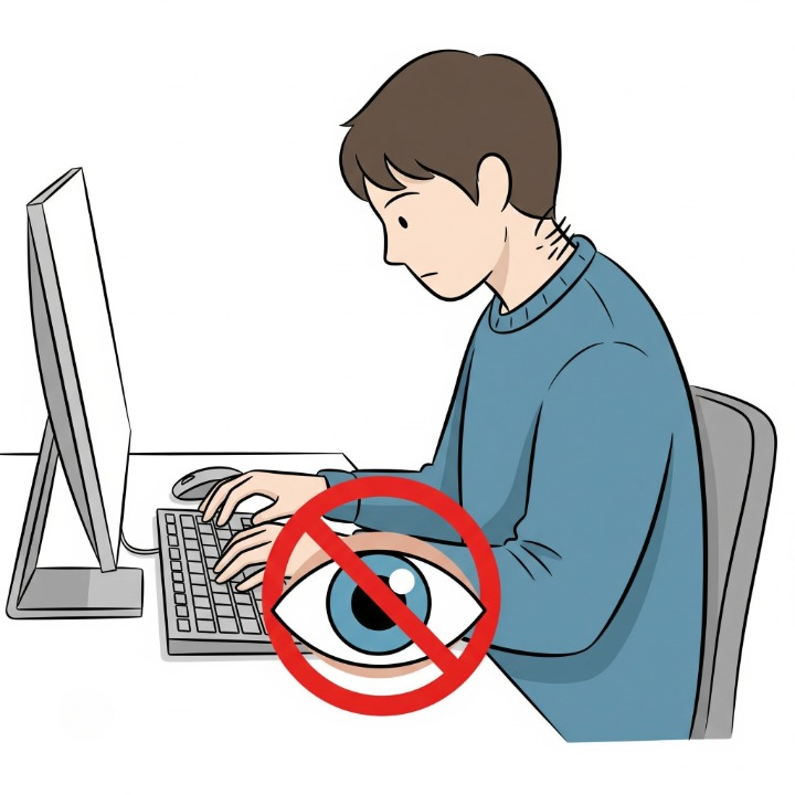 An illustration symbolizing the core rule of touch typing: not looking at the keyboard. An icon of an eye with a 'no' symbol is placed over the keyboard.