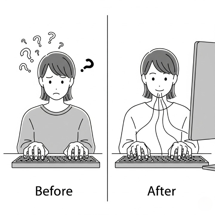 A conceptual image comparing "hunt and peck" typing with proper touch typing. The image illustrates the transition from a chaotic typing style to a calm and efficient one.