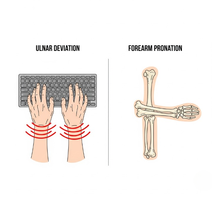 Illustrative diagram showing the two main ergonomic problems of a standard keyboard: 'Ulnar Deviation', with crooked wrists, and 'Forearm Pronation', with crossed forearm bones.