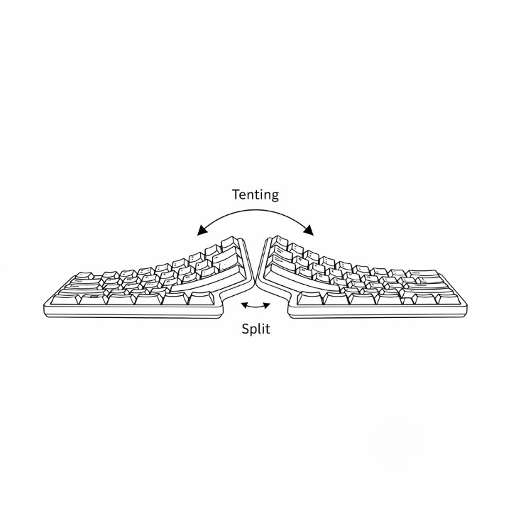 Illustration of an ergonomic keyboard demonstrating the concepts of 'Split' (splitting in half) and 'Tenting' (angling upwards), two key features for wrist and forearm comfort.