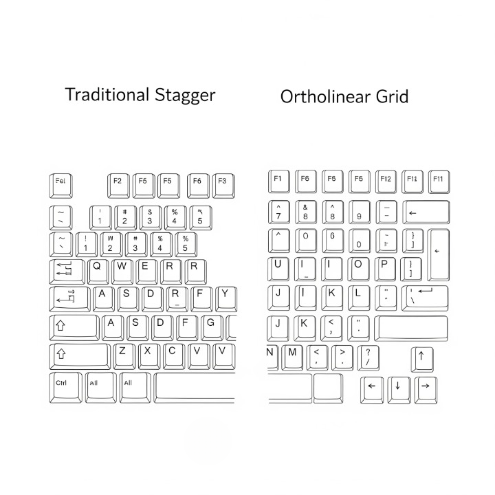 Drawing comparing a 'Staggered' (traditional, misaligned) keyboard layout with an 'Ortholinear' (grid) layout. The image clearly illustrates how the ortholinear layout aligns keys in straight columns, optimizing finger movement.