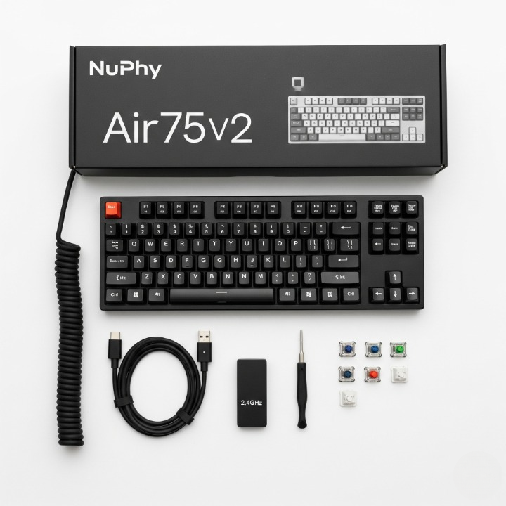 A flat lay image showing the contents of the NuPhy Air75 V2 box, including the keyboard, a USB-C cable, a wireless dongle, and extra keycaps.