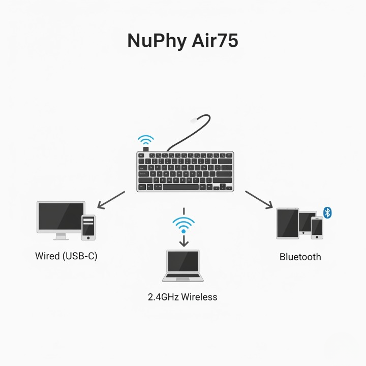 A diagram illustrating the tri-mode connectivity of the NuPhy Air75 V2, showing its ability to connect via USB-C, 2.4GHz wireless, and Bluetooth to multiple devices.