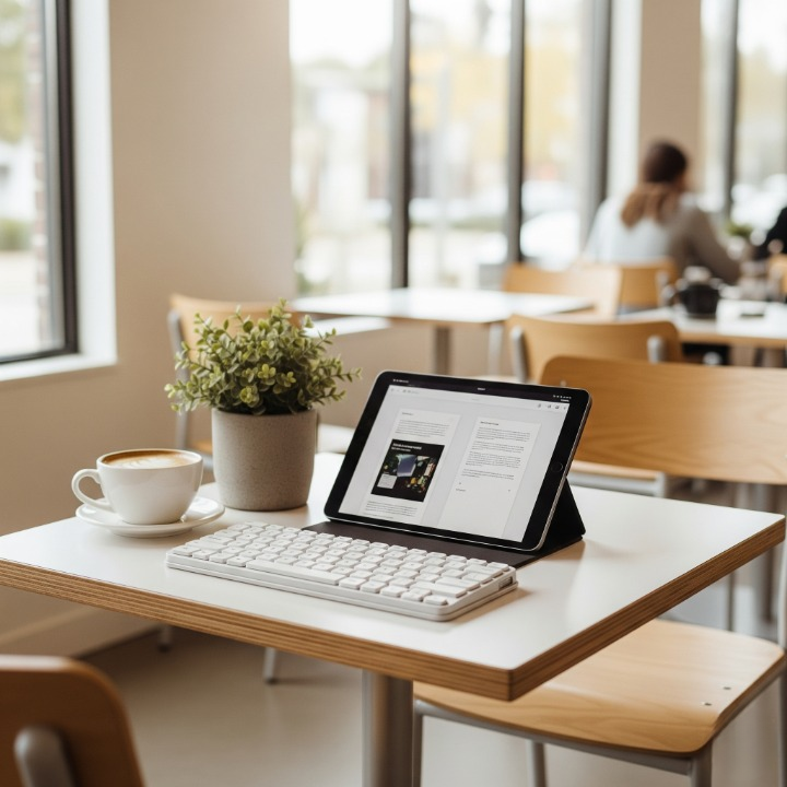 A photo of the NuPhy Air75 V2 keyboard being used in a portable setting at a coffee shop next to a tablet, highlighting its portability and slim design.