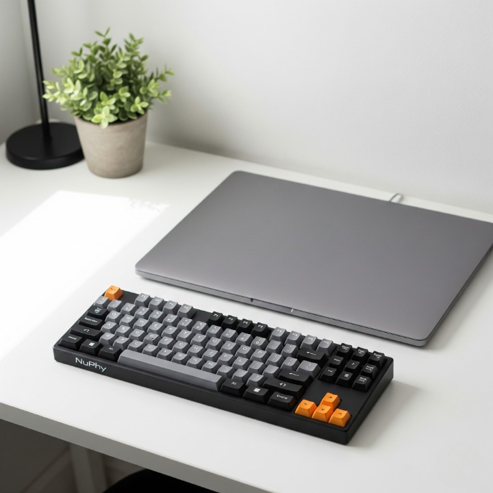 A stylish photo of the NuPhy Air75 V2 keyboard on a modern, clean desk next to a laptop. The image showcases the keyboard's unique design and aesthetic appeal for creative professionals.