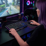 A photo of an ergonomic gaming setup from a gamer's perspective, showing a tilted compact keyboard and a lightweight mouse, emphasizing a comfortable, performance-focused environment.