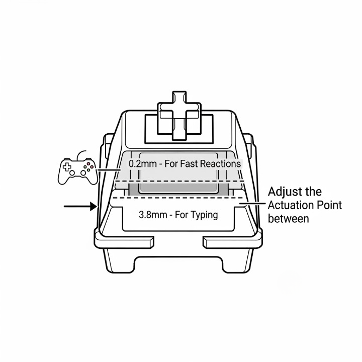 An illustration of an adjustable gaming switch, showing how the actuation point can be set to a shallow level for fast gaming reactions or a deeper level for typing.