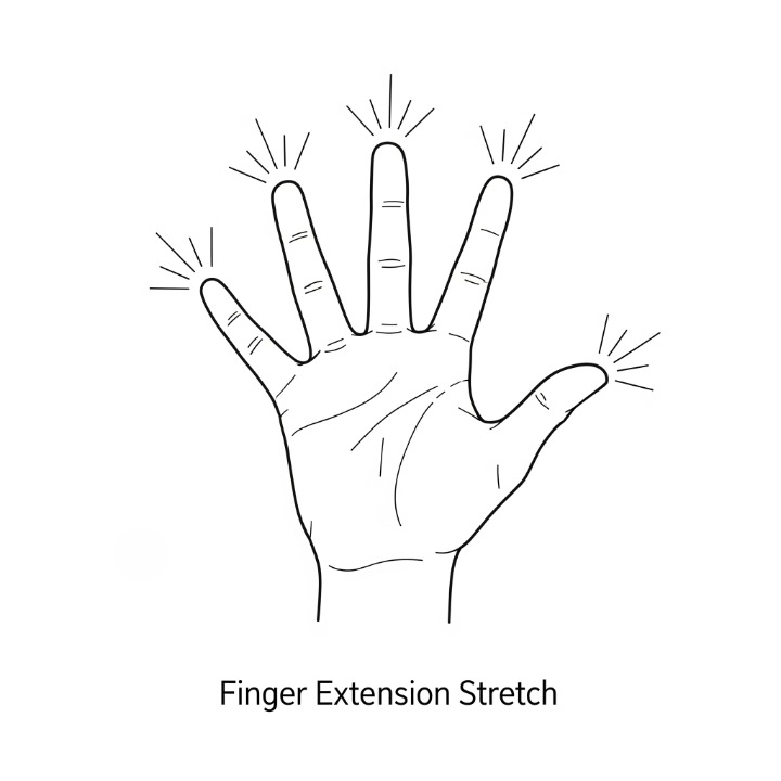 A simple line drawing demonstrating the finger extension stretch, an important exercise for gamers to counteract a cramped hand posture after long sessions.