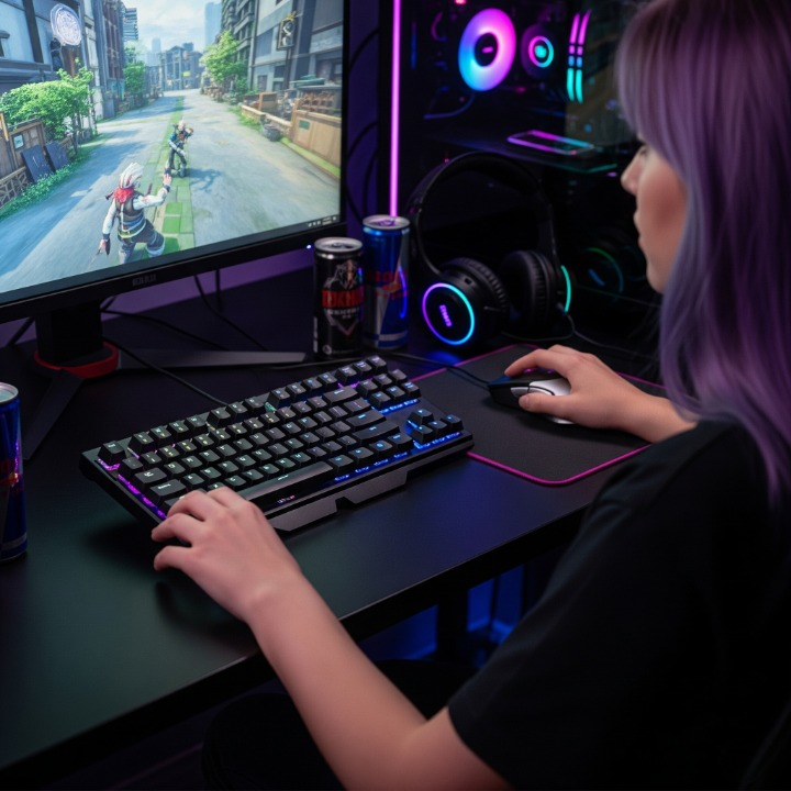 A photo of an ergonomic gaming setup from a gamer's perspective, showing a tilted compact keyboard and a lightweight mouse, emphasizing a comfortable, performance-focused environment.