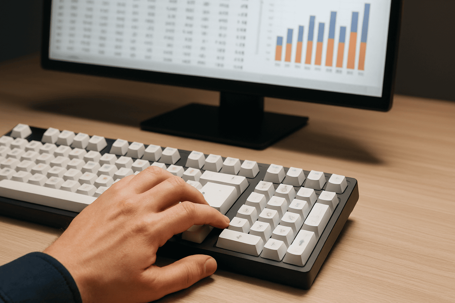 A person's hand shown using the dedicated number pad on a full-size keyboard for efficient data entry. A spreadsheet is visible on the monitor in the background, highlighting the keyboard's primary benefit for productivity and numerical tasks.