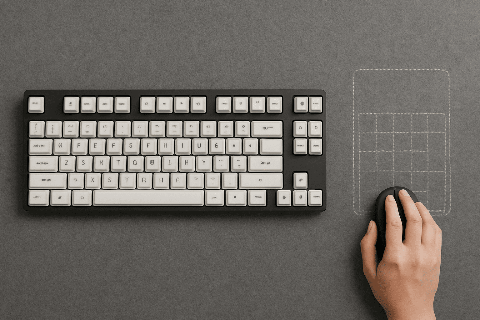 A top-down view of a Tenkeyless (TKL) keyboard on a desk, clearly showing the increased space available for mouse movement. This illustrates the ergonomic advantage and makes it ideal for gamers and users seeking a more comfortable setup.