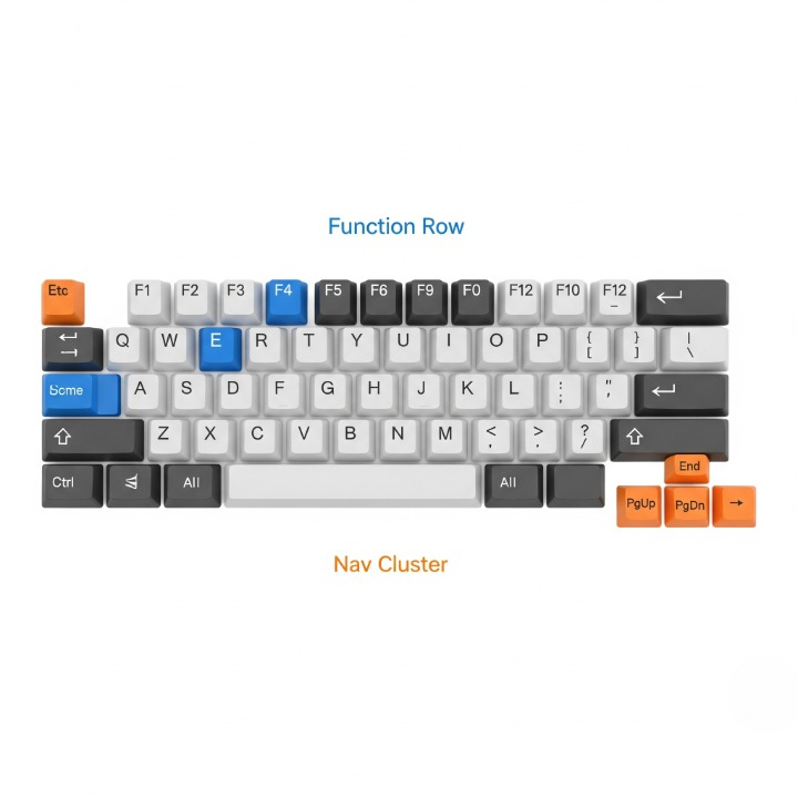 A diagram of a TKL (Tenkeyless) keyboard layout, with the dedicated function row and navigation cluster highlighted to show its key features.