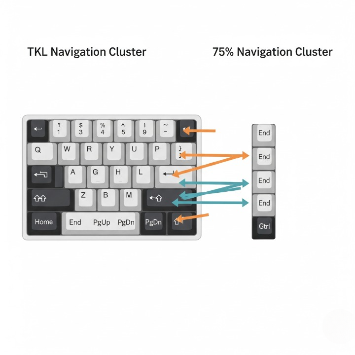 An illustration comparing the spacious navigation cluster of a TKL keyboard to the compact, vertical navigation column of a 75% keyboard.