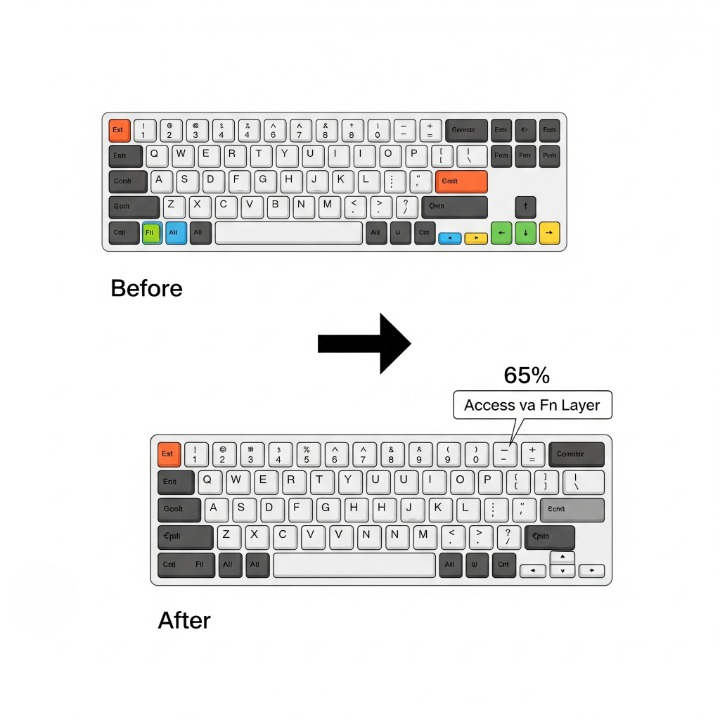 A diagram illustrating the difference between a 75% and a 65% keyboard layout, showing the removal of the dedicated function row on the 65% model.