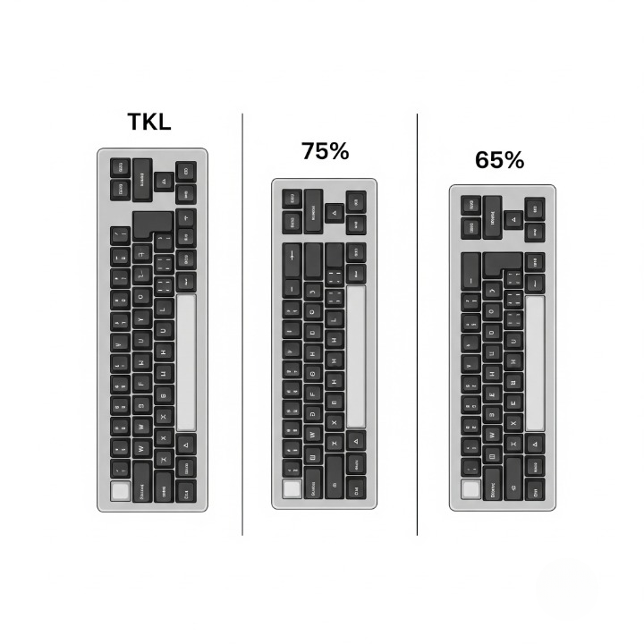 An image comparing three different keyboard layouts: the TKL (Tenkeyless), the 75%, and the 65%, showing the progressive reduction in size and keys.