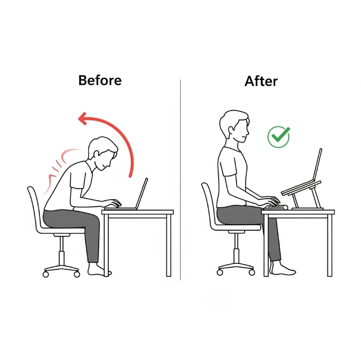 A diagram comparing bad and good mobile workspace posture. The 'before' side shows a person hunched over a laptop, and the 'after' side shows an ergonomic setup with a laptop stand and external keyboard.