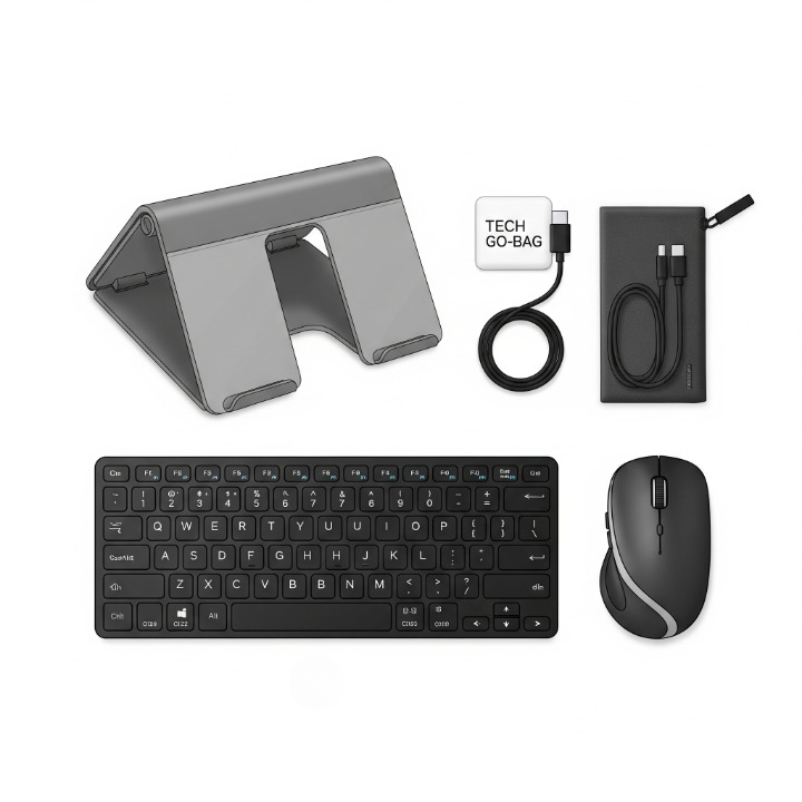 An illustration of a portable ergonomic toolkit laid out neatly, including a foldable laptop stand, a compact wireless keyboard, and a travel mouse.