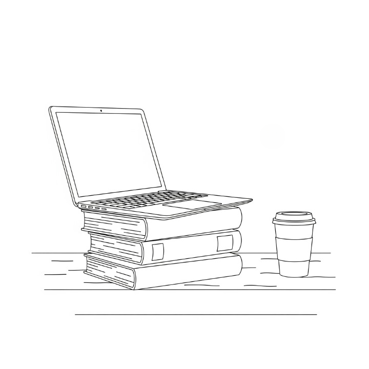 A line drawing showing a resourceful ergonomic hack: a laptop propped up on a stack of books to raise the screen height in a cafe setting.