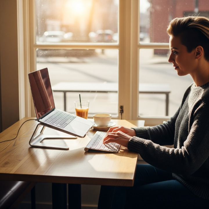 A person working comfortably at a cafe with an ergonomic mobile workspace, including a laptop on a stand and a separate wireless keyboard, demonstrating a healthy on-the-go setup.