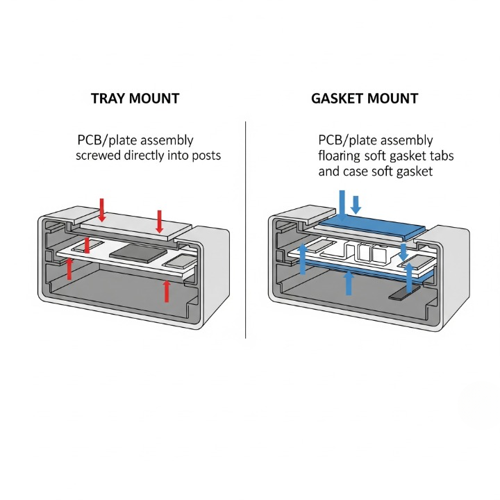 A diagram comparing tray mount and gasket mount keyboards. The tray mount shows a direct screw connection, while the gasket mount shows the plate isolated with soft gaskets for a bouncier feel.
