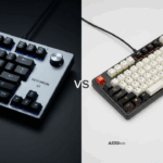 A comparison image showing the Keychron V1 keyboard on the left and the Akko 5075S keyboard on the right, highlighting the design differences between these two popular budget mechanical keyboards.