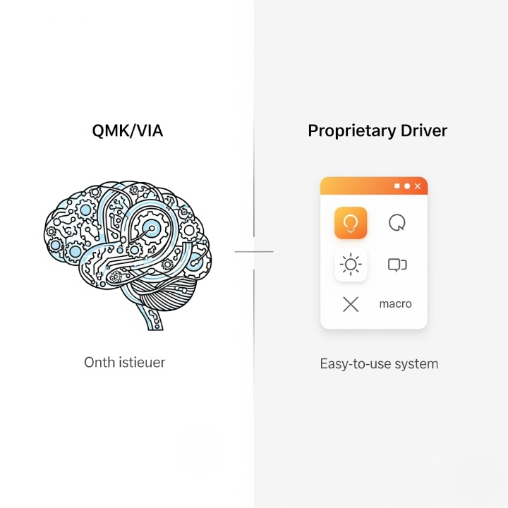An illustration comparing keyboard software. One side shows a complex 'brain' icon for QMK/VIA's deep customization, and the other shows a simple app icon for a user-friendly proprietary driver.