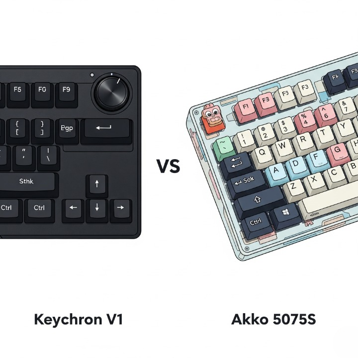 A stylized illustration comparing the Keychron V1 and Akko 5075S keyboards, highlighting the Keychron's functional design versus the Akko's more playful and colorful aesthetic.