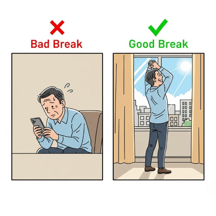 An illustration comparing a 'bad break' (scrolling on a phone) with a 'good break' (stretching and looking away from the screen) during the Pomodoro Technique.