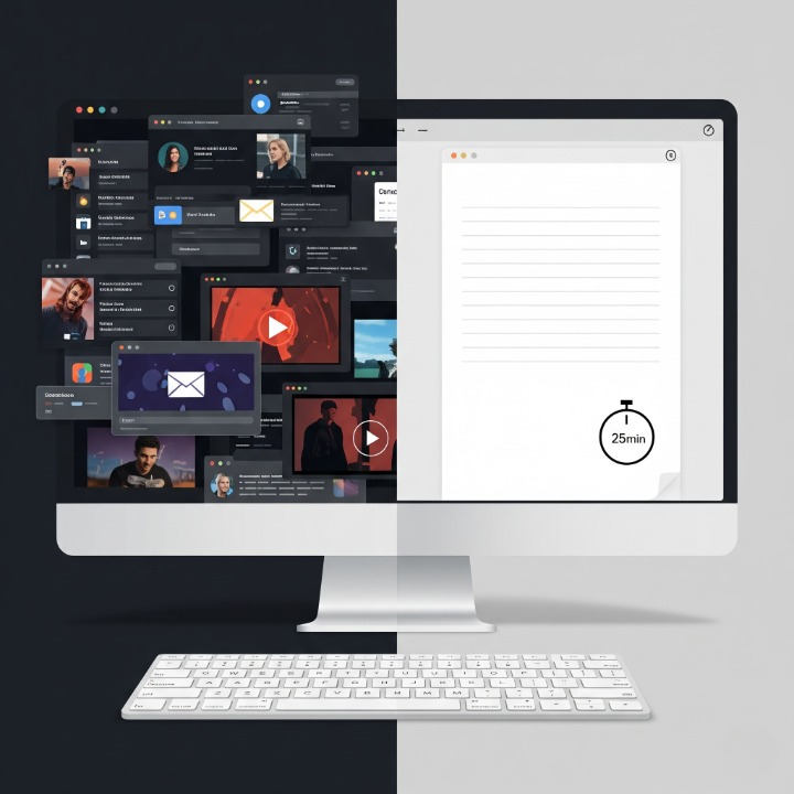 A conceptual image showing a keyboard transforming a chaotic, distracting digital workspace into a calm, focused one, representing the power of the Pomodoro Technique.