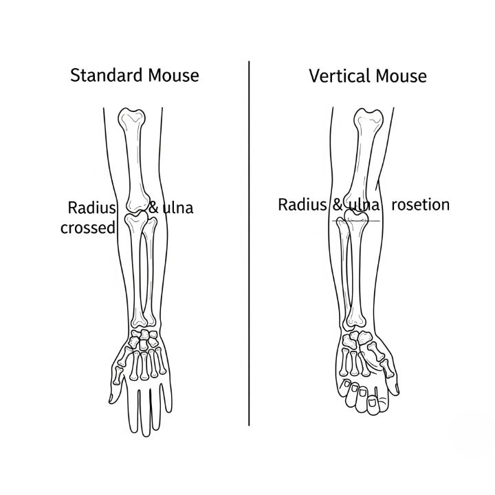 A diagram comparing forearm posture, showing how a standard mouse forces forearm bones to cross, while a vertical mouse maintains a neutral, parallel position.